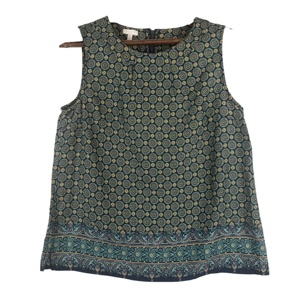 Talbots Tops - Talbots Womens M Sleeveless Boho Top Medallion Navy Teal Festival Tank Zipper